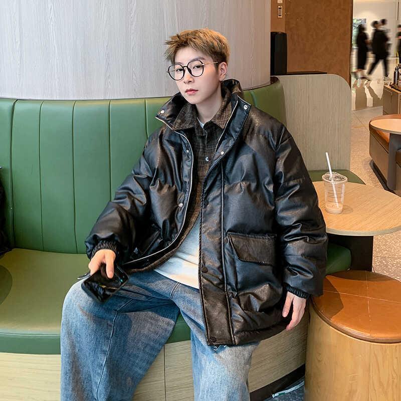 Fake two-piece PU leather cotton-padded jacket, high-end denim splicing double-layer casual cotton-padded jacket