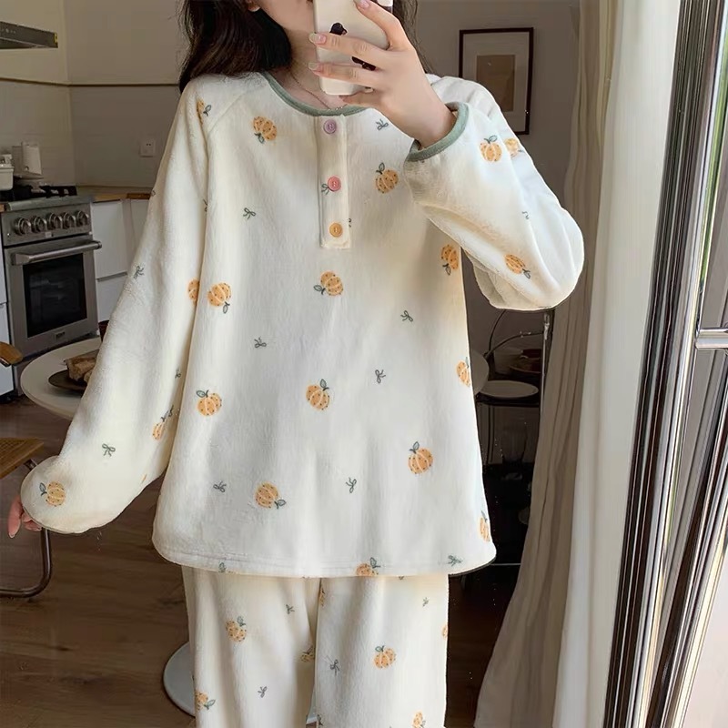 Autumn and winter coral velvet milk velvet pajamas for women, cute and sweet winter plus velvet thickening suit, winter style can be worn outside