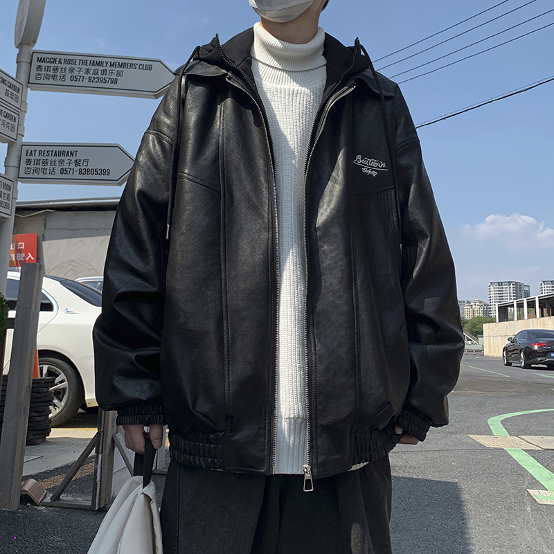 Fake two-piece leather jacket men's quilted autumn and winter Hong Kong style leather jacket