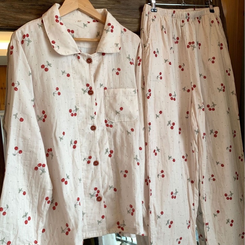 New!  Polka-dot cherry long-sleeved trousers set pure cotton lapel double-layer gauze pajamas can be worn outside home pajamas