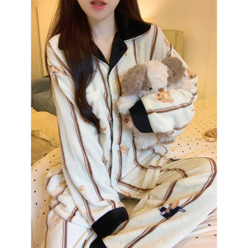 Pajamas for women in autumn and winter coral velvet loose large size thickened cartoon ladies cardigan lapel home wear set