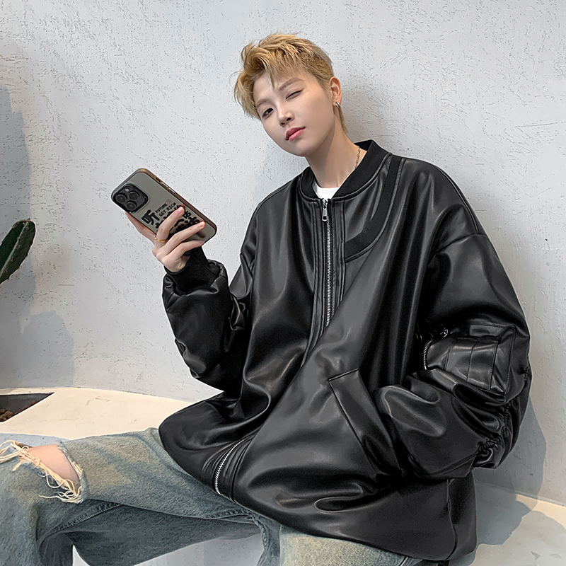 Designed leather jacket men's autumn new American fashion brand street handsome loose motorcycle leather jacket