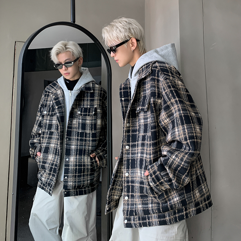 Fake two-piece hooded retro plaid jacket men's woolen coat