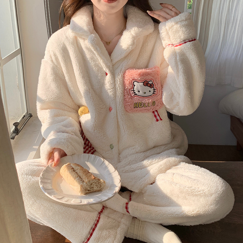 Cute KT cat coral velvet pajamas for women winter cardigan long-sleeved plus velvet to keep warm and wearable cartoon home clothes set