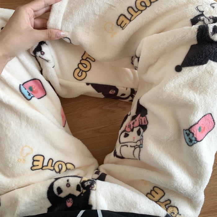 [Fleece Pants] Large quantity and high quality flannel pajamas for women in autumn and winter, Korean style cartoon home warm single pants for women.