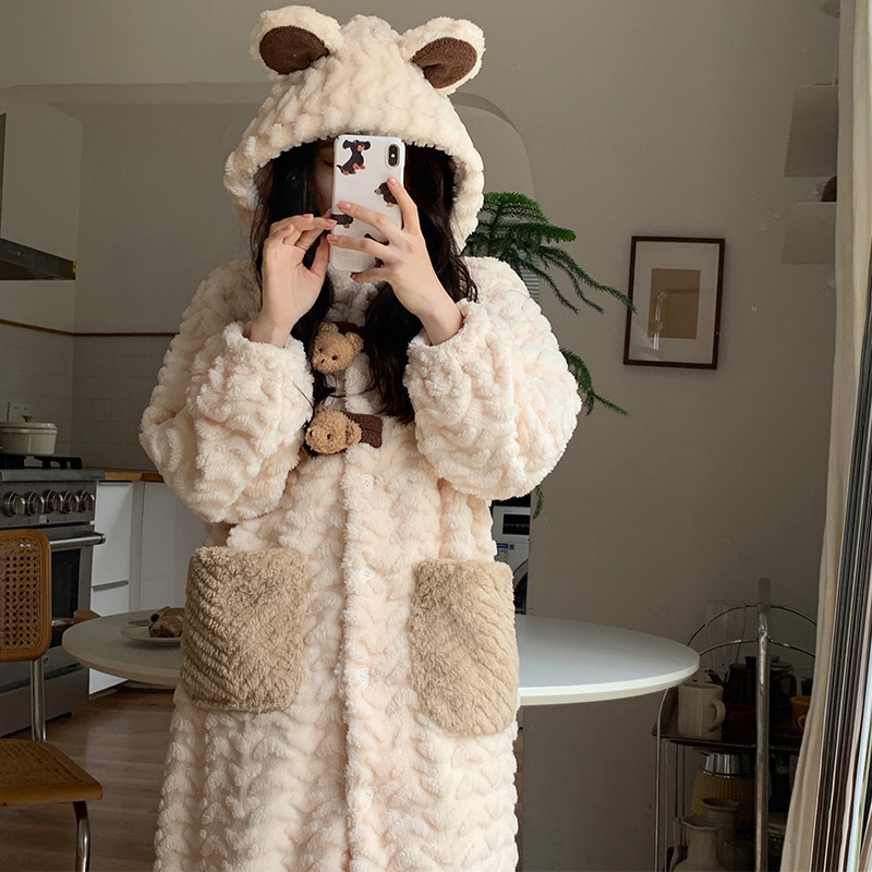 Cute bear coral velvet nightgown for women winter hooded thick warm plush sweet long bathrobe home service