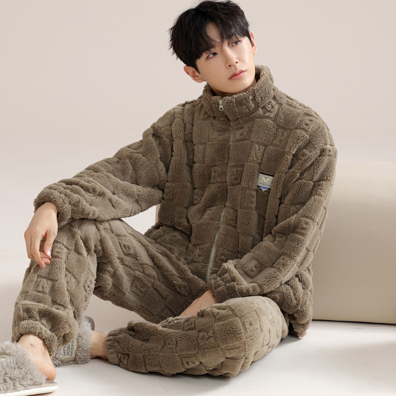 Autumn and winter pajamas men's jacquard velvet casual large size thickened warm suit high collar zipper flannel home clothes