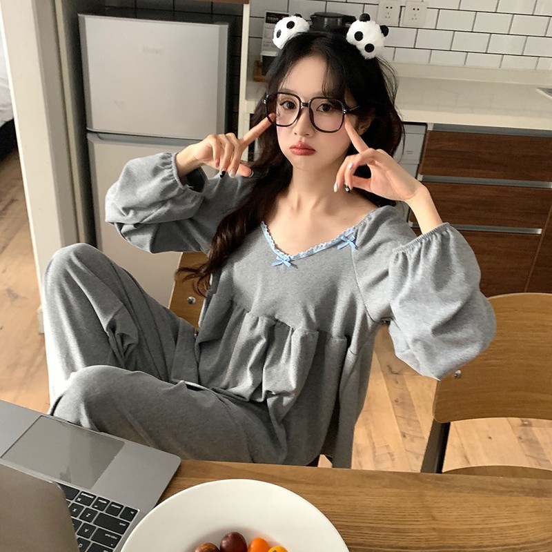 Autumn and winter new long-sleeved German velvet warm contrasting simple pajamas for women long-sleeved trousers Korean style thickened home clothes for women