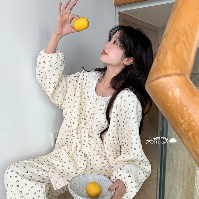 Air cotton pajamas for women, autumn and winter long-sleeved thickened cotton floral sweet lace homewear suit long-sleeved