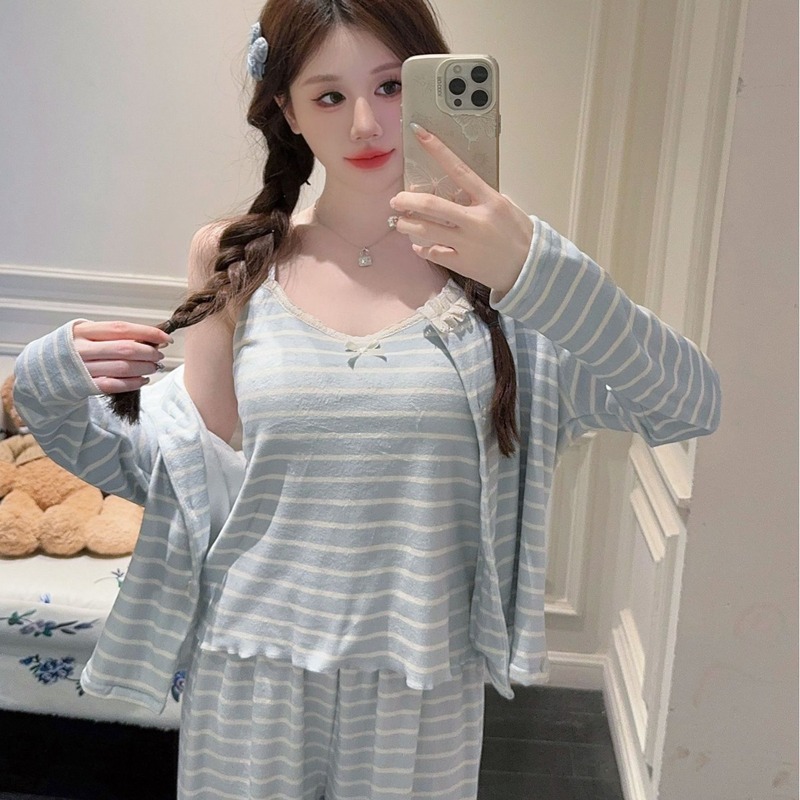 Island velvet girly style pajamas autumn and winter warm with chest pads sexy suspenders home clothes three-piece set striped control