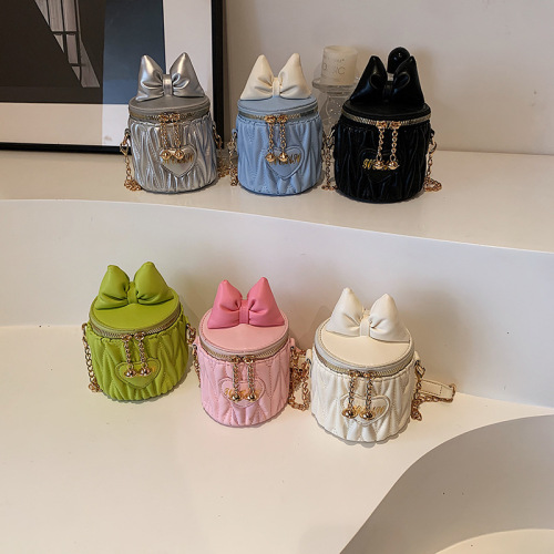 Cute bow girls bucket bag 2024 spring and summer new style style love shoulder bag children's chain crossbody bag