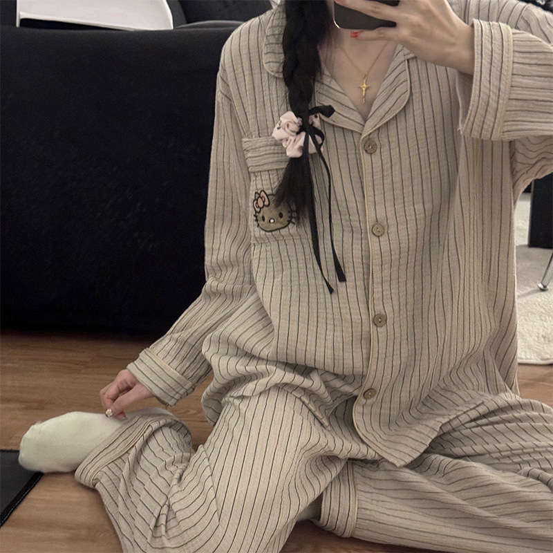 2024 New Pajamas for Women Spring and Autumn Simple Korean Gray Stripe Cartoon Cat Print Home Clothes Set Can Be Weared Outside