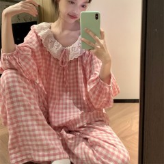 Sweet style long-sleeved pajamas for women spring and autumn new simple pink Grace lace Korean style thin home wear set