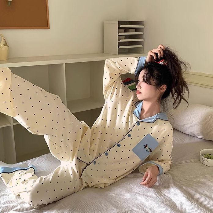 2024 New Contrast Color Pocket Velvet Pajamas Women's Autumn and Winter Sweet Polka Dot Suit Warm and Thickened Home Clothes