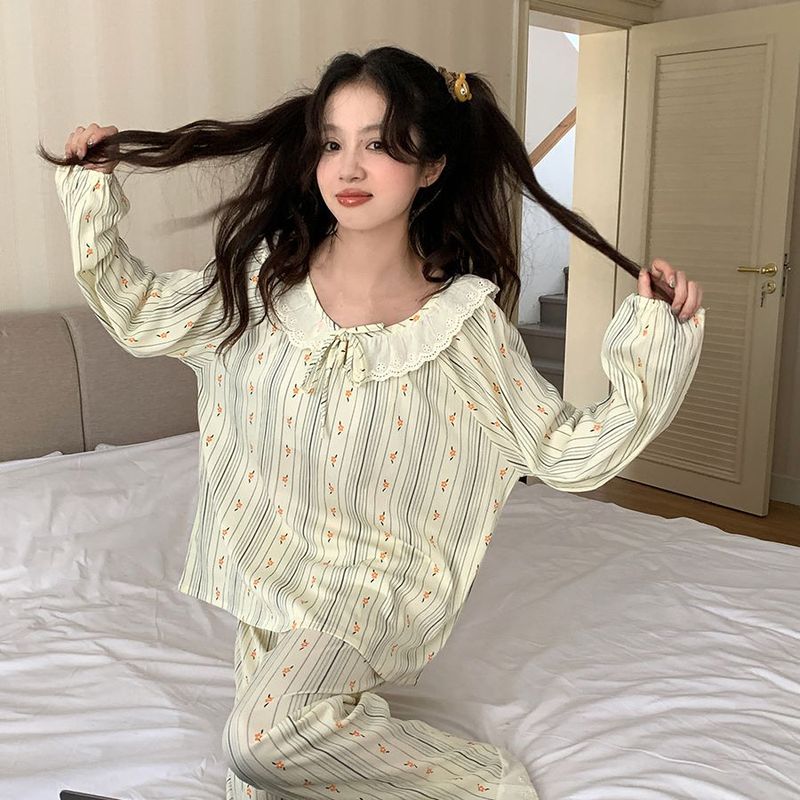 Ins style autumn lace collar long-sleeved pajamas for women 2024 new sweet floral striped suit home wear outer wear
