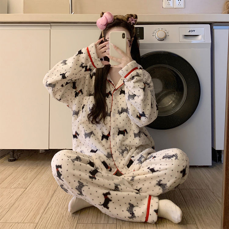 Autumn and winter warm flannel pajamas for women new thickened casual cartoon cardigan lapel home wear set