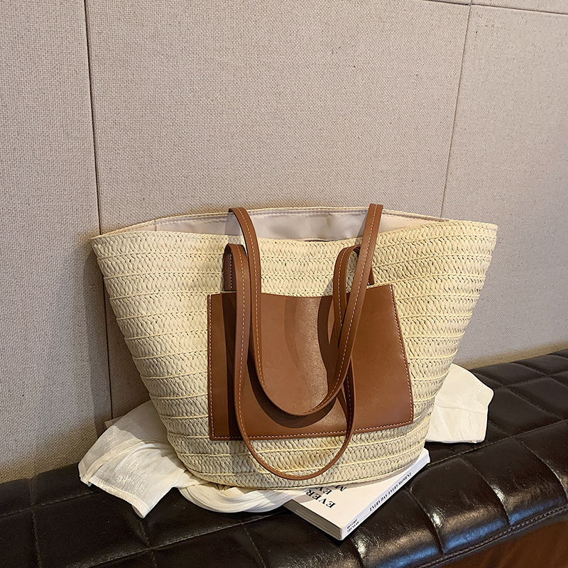 Large-capacity woven bag tote bag 2024 new high-end texture single-shoulder straw women's bag portable vacation beach bag