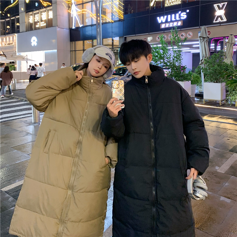New couple's cotton coat with stand collar, thickened and lengthened cotton coat