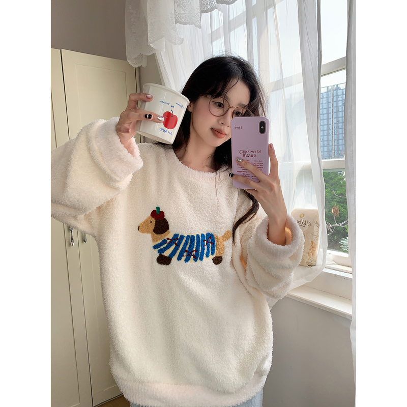 2024 Cute Cartoon Puppy Pajamas for Women Autumn and Winter Coral Velvet Casual Sleeping Warm and Wearable Home Clothes