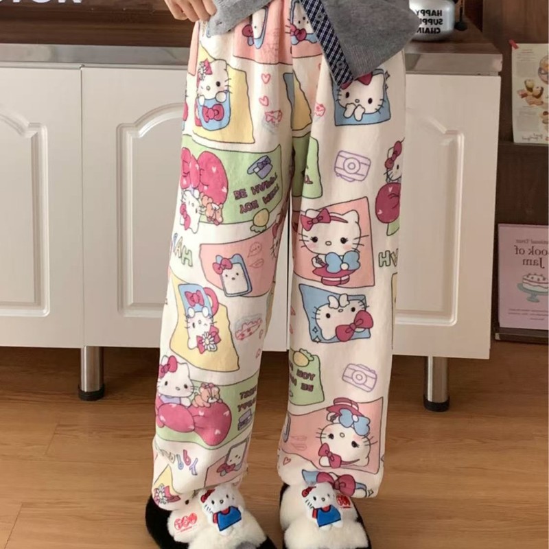 Cute Hello Kitty pajamas women's trousers coral velvet autumn and winter cartoon Hello Kitty pants walking home pants