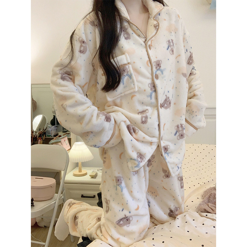 Pajamas for women autumn and winter flannel loose large size thickened women's cardigan home wear set 260g