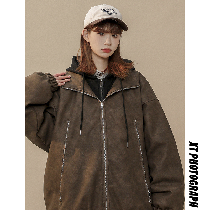Tie-dyed leather cotton coat for women, autumn and winter American high street loose fake two-piece