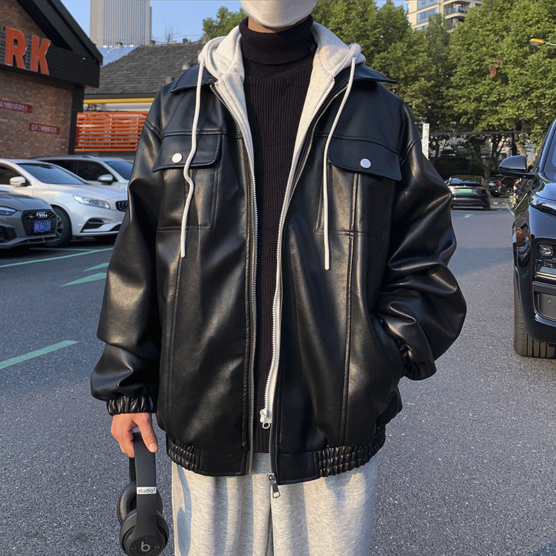 Fake two-piece cotton coat for men in winter Korean style loose PU leather versatile hooded cotton coat