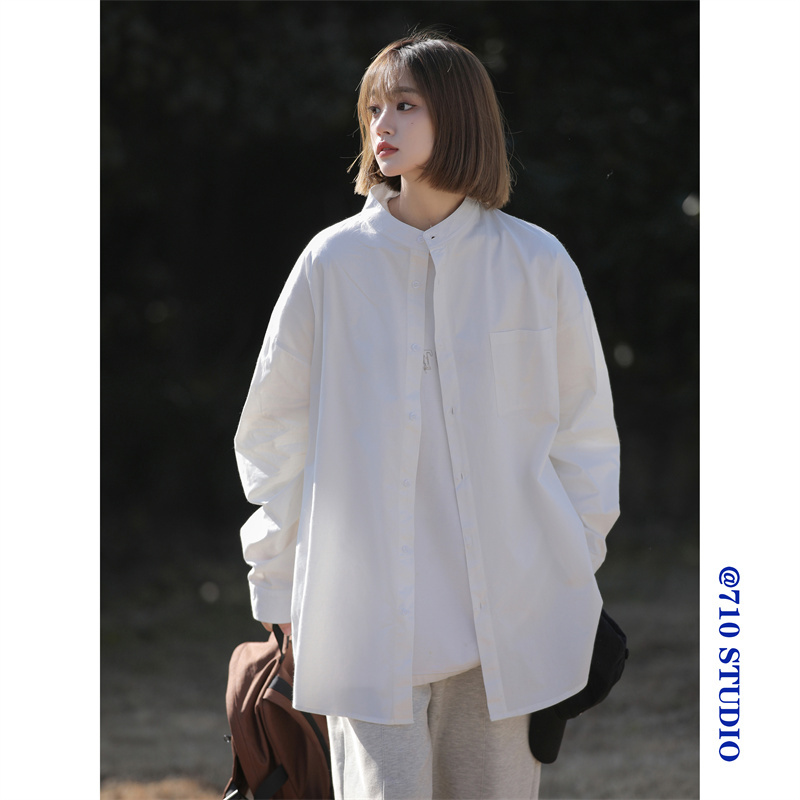 Autumn new style commuter women's long-sleeved shirt Chinese style stand collar shirt fat mm