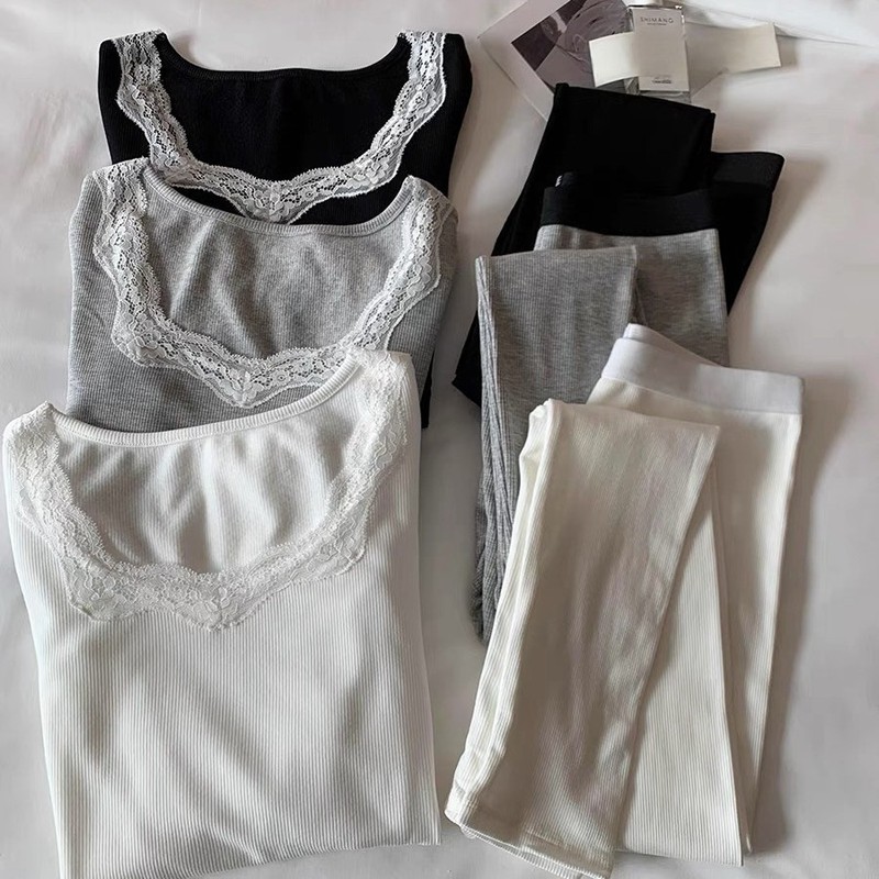 Lace-edge brushed padless thermal underwear, slim-fitting base layer, autumn coat and long trousers suit, base layer set