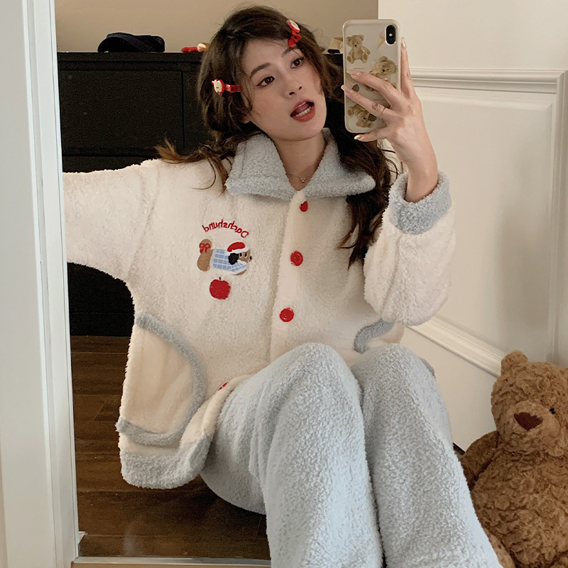 Dachshund pajamas for women winter flannel thickened contrasting color cartoon home clothes set Korean version ins coral velvet pajamas