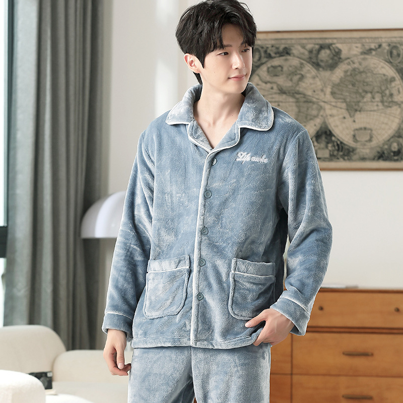 Sky blue and white striped top + pants two-piece men's fleece pajama set