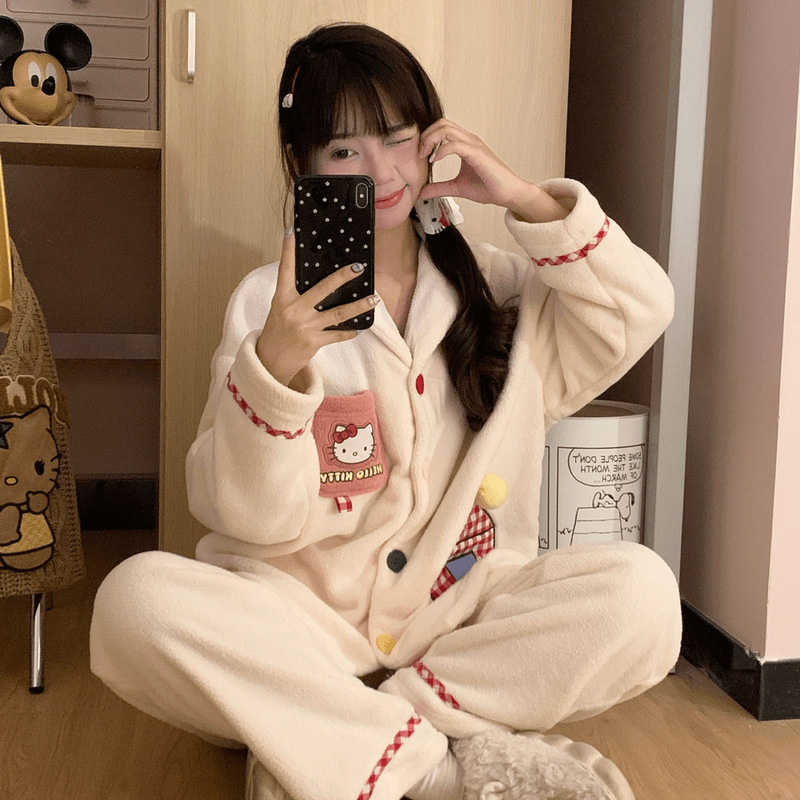 Winter pajamas for women with coral velvet lapels, sweet style and velvet cartoon KT cat open button long sleeves and trousers home wear set