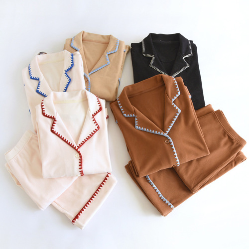 DeRong solid color simple long-sleeved trousers pajamas for women autumn and winter thickened and warm simple casual cardigan home wear set