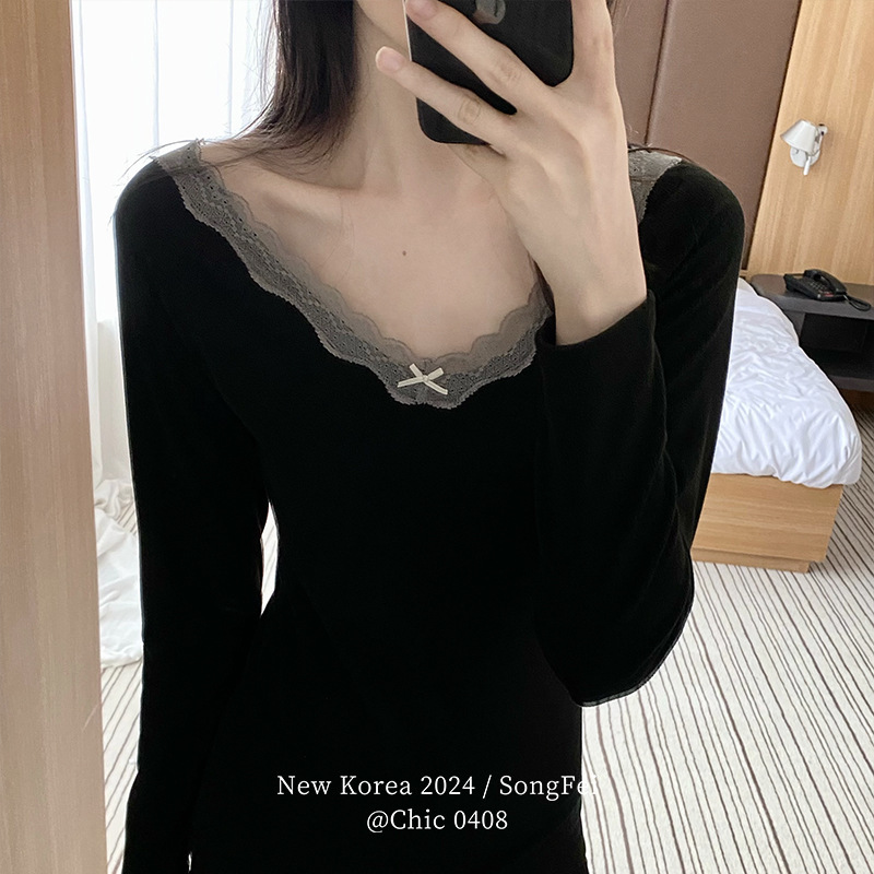 Low collar body lace warm suit autumn and winter new long-sleeved sweater and trousers slimming elastic thin autumn coat base