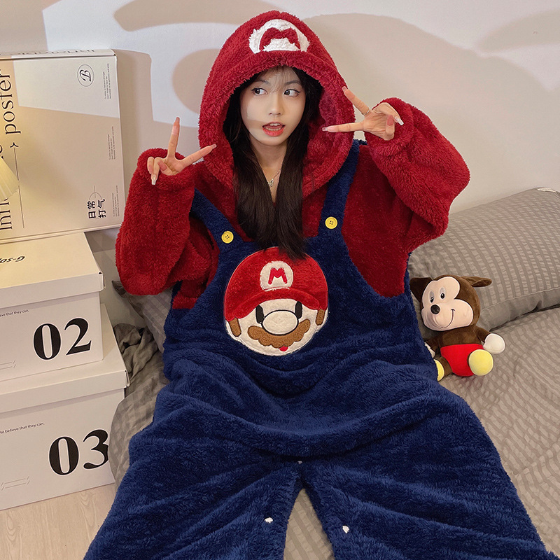 Mario Super Mario One-piece Pajamas Winter Women's Plush Thickened Coral Velvet Couple Large Size Home Clothing Cross-Border