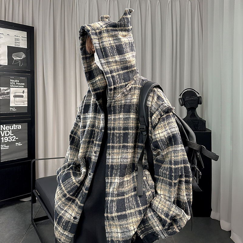Niche high-end little devil hooded jacket men's design plaid jacket trendy brand for couples