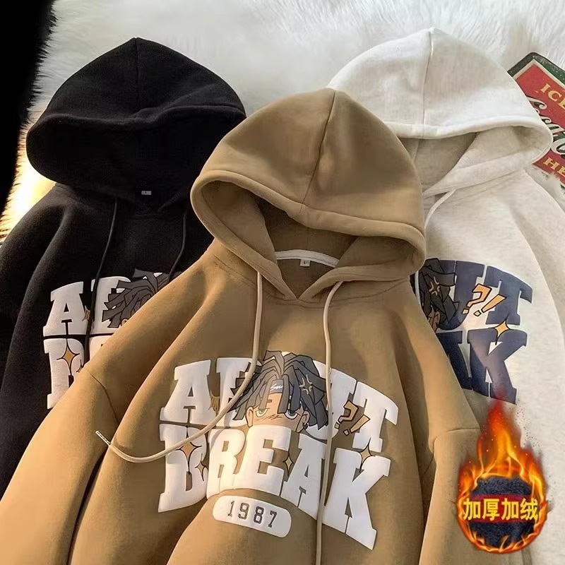 American style sweatshirts for men and women, winter velvet thickened trendy couple hoodie tops
