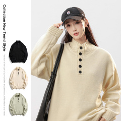 Autumn and winter new trendy European and American simple collared buttoned casual versatile loose bottoming tops