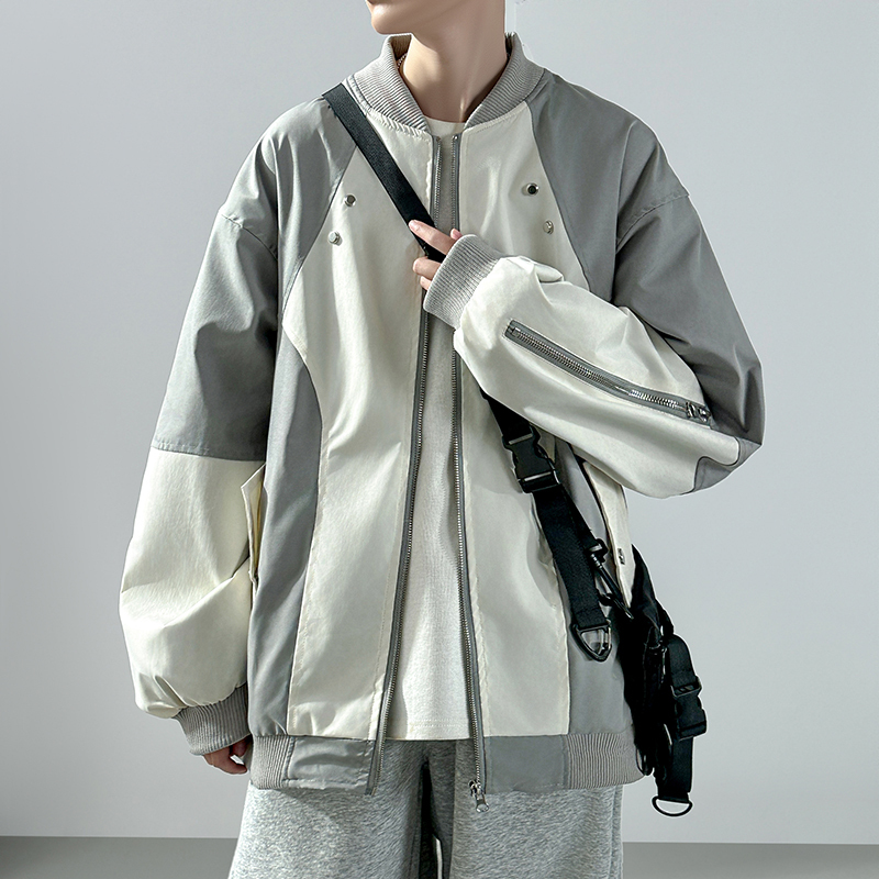 Casual and versatile contrasting color patchwork baseball uniform American retro jacket