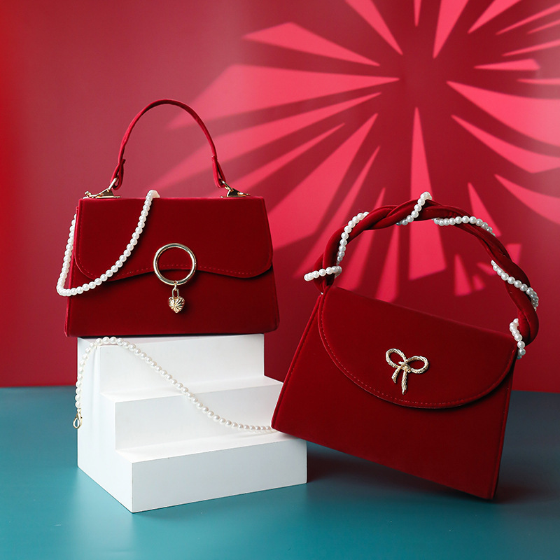 Velvet red bag for women's wedding new niche high-end wedding houndstooth handbag for women bridal bag
