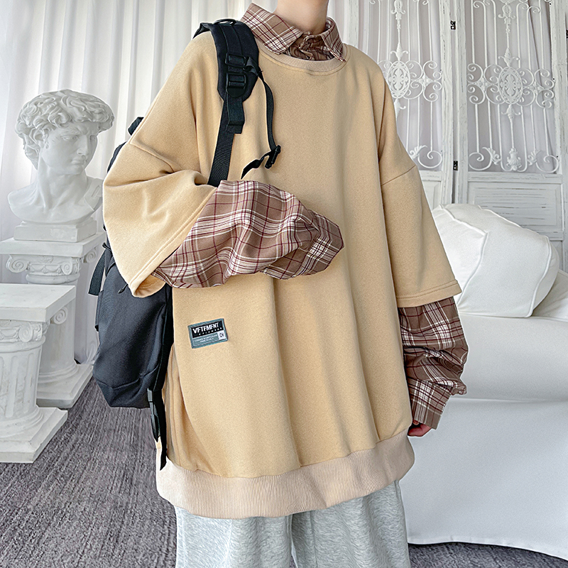 Fake two-piece sweatshirt shirt collar retro vibe plaid American jacket