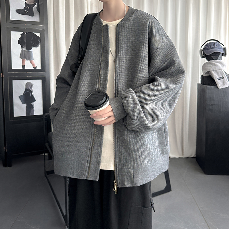 Japanese handsome waffle loose casual men's baseball stand collar jacket