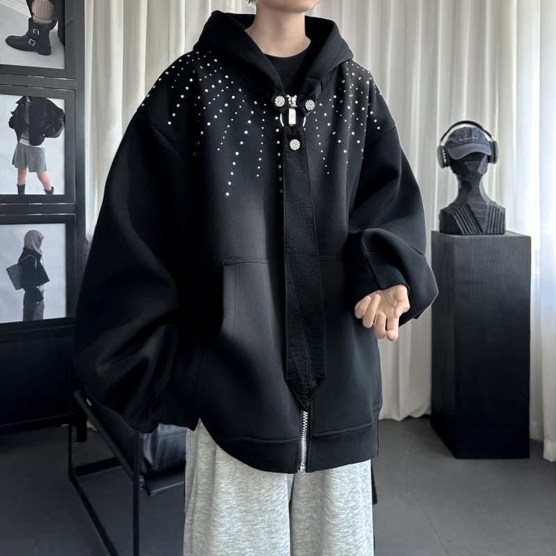 Niche hot diamond detachable tie design hooded sweatshirt heavyweight thin shiny loose lazy jacket
