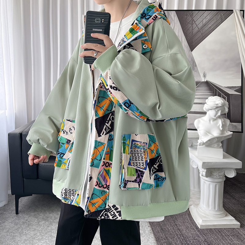 Trendy graffiti patchwork jacket cardigan hooded coat