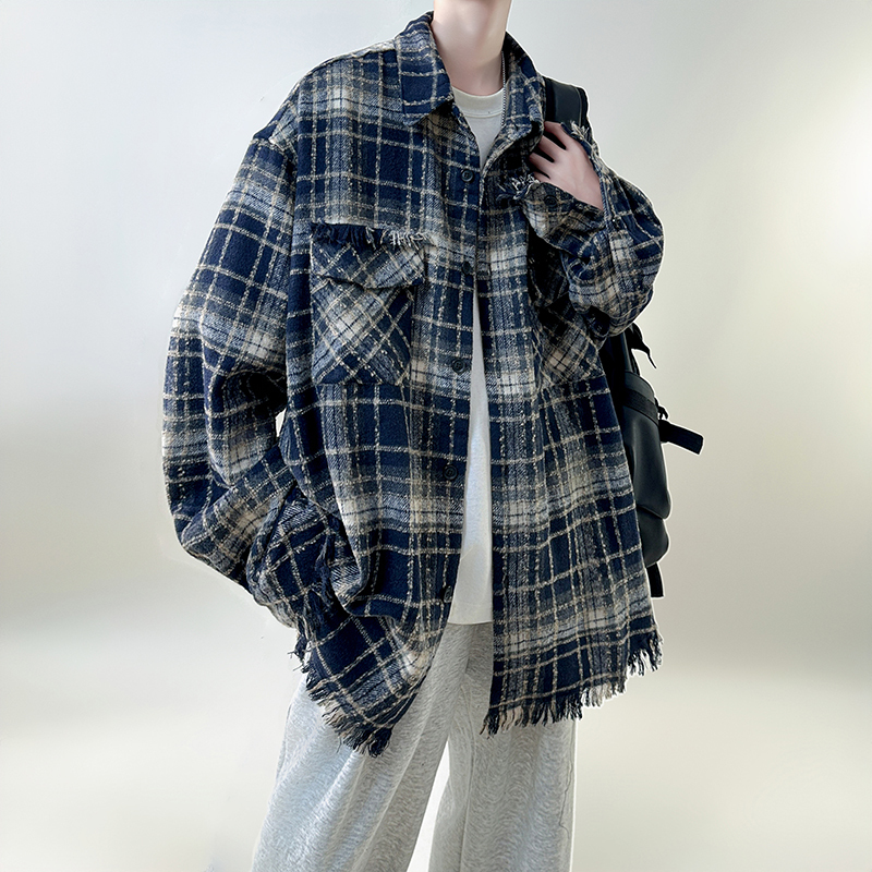 Retro American plaid long-sleeved shirt raw edge loose shirt