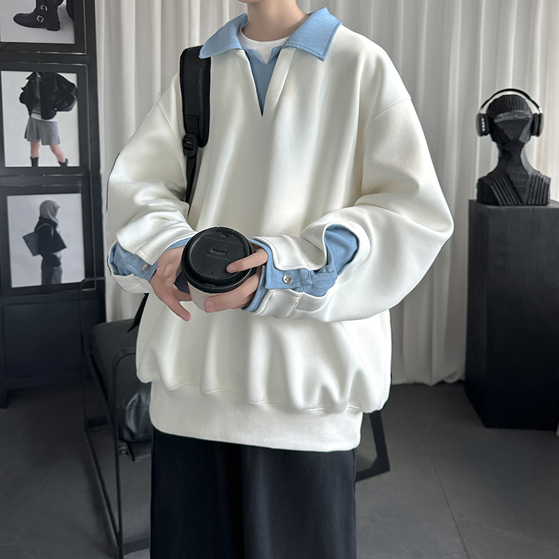 New style lapel high-end shirt collar top long-sleeved sweatshirt men's fashion