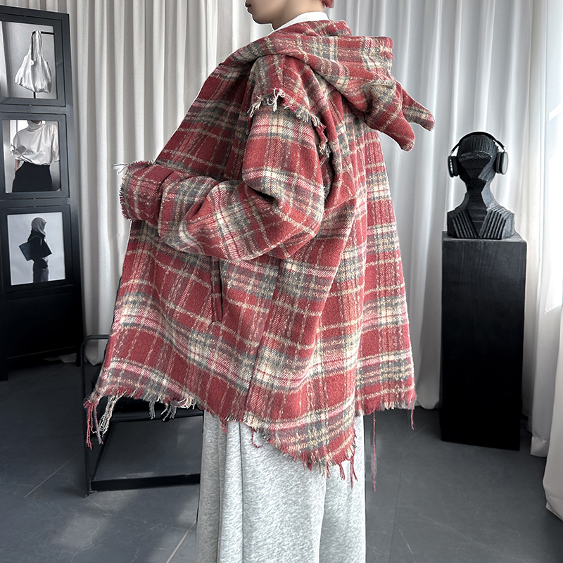 Niche high-end little devil hooded jacket men's design plaid jacket trendy brand for couples