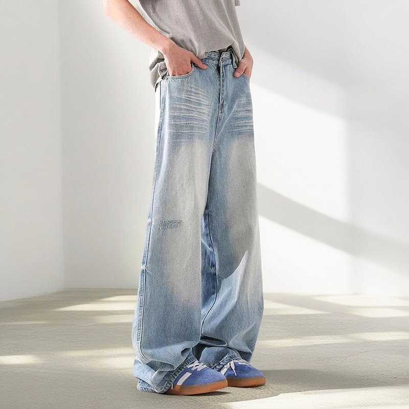 American retro washed distressed loose floor-length jeans for men and women straight-leg loose wide-leg pants