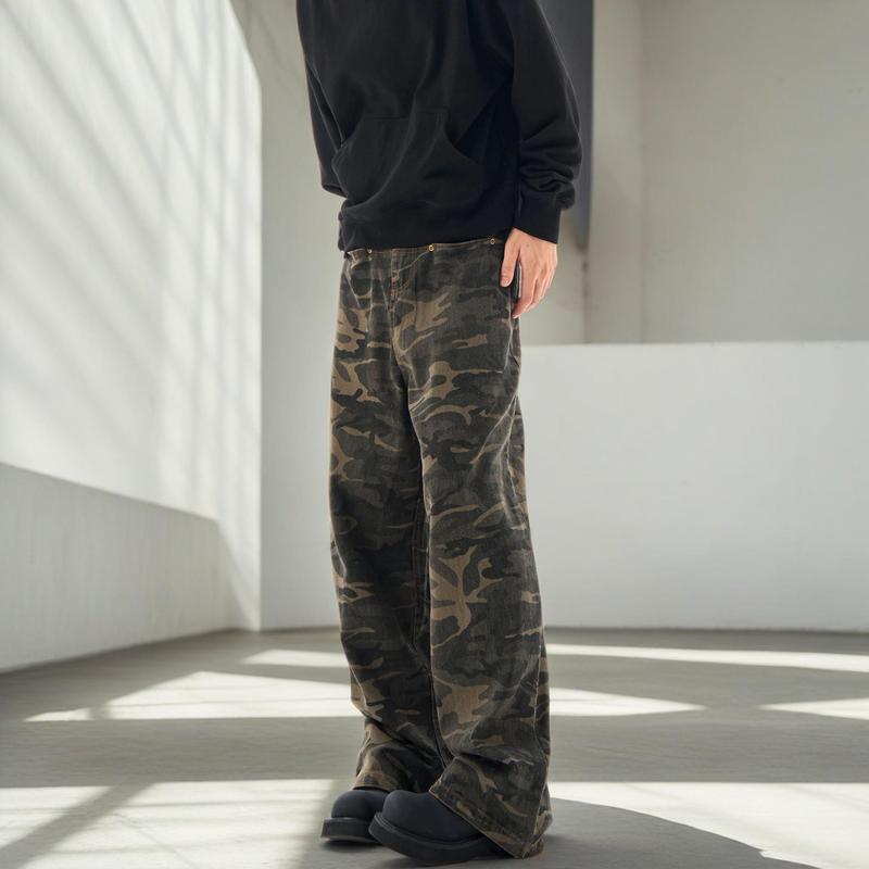 American retro design camouflage jeans for men, trendy brand handsome high street couple logging pants