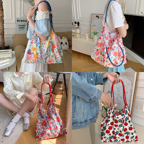 35243 Korean style summer large capacity hand shoulder bag drawstring shopping bag fresh floral tote bag armpit bag